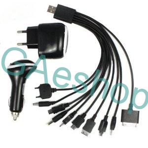 USB nabíjecí kabel 10 v 1 s ADAPTÉREM DO AUTA A DO SÍTĚ 230v (USB kabel s koncovkami pro mobilní tel